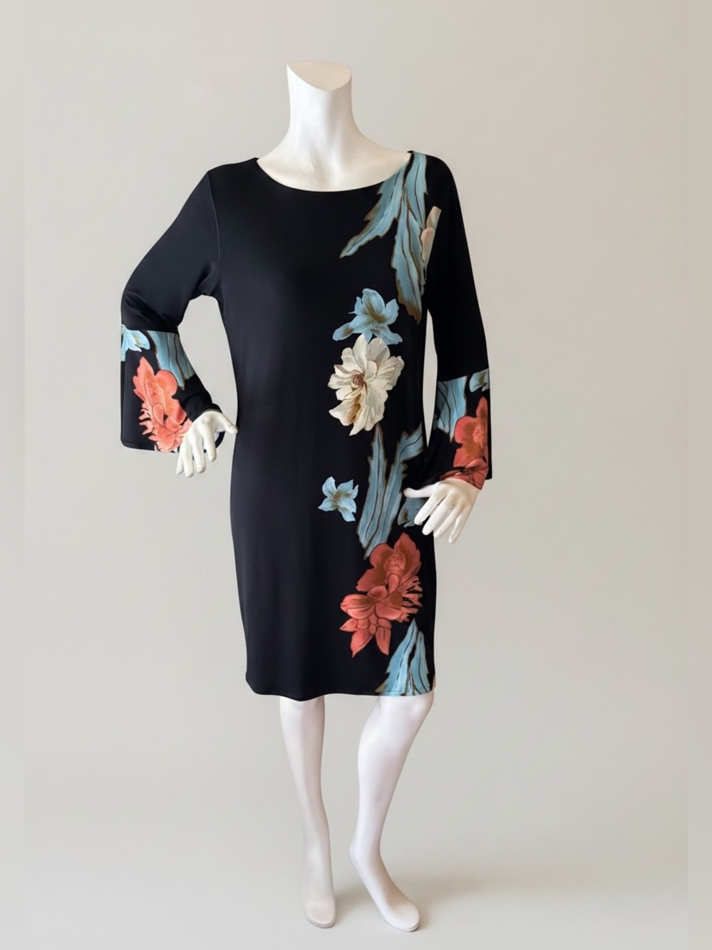 eva varro Black Floral Shift Dress with Orange, Cream & Blue Accents